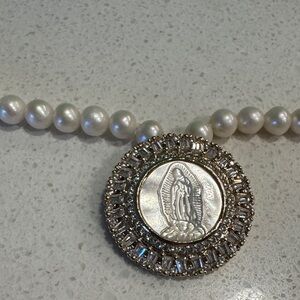 White Pearl Necklace with Silver Religious Medallion Pendant
